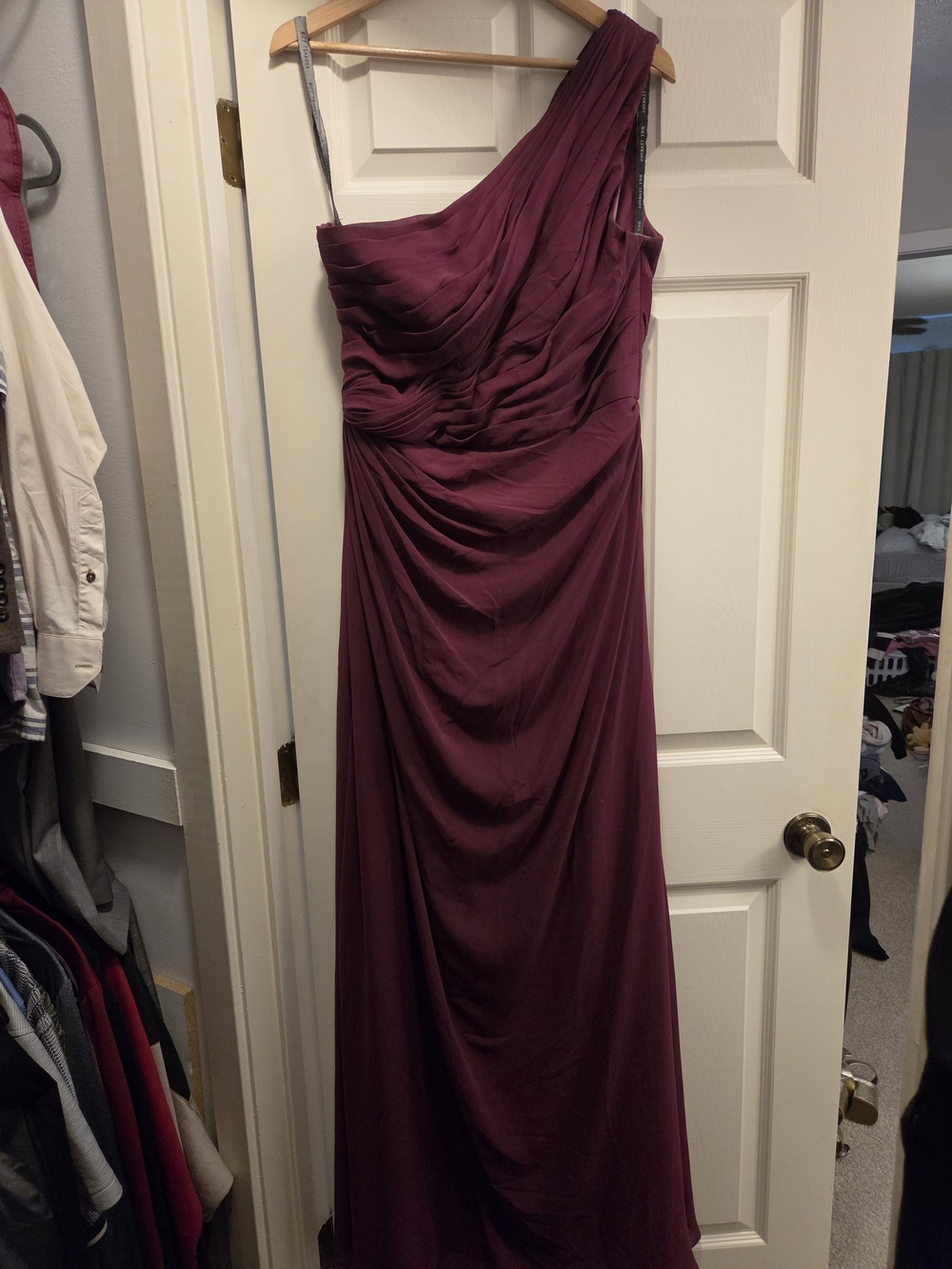 Bill Levkoff One-Shoulder Wine Evening Gown